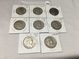 Lot of 8 1951, 51-S, 52-D, 53-D, 54, 54-D, 61, 61-D Franklin Half Dollars