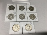 Lot of 8 1951, 51-S, 52-D, 53-D, 54, 54-D, 61, 61-D Franklin Half Dollars