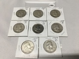 Lot of 8 1952-D, 52-S, 53-D, 54, 54-D, 57-D, 58-D, 59-D Franklin Half Dollars