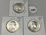 Lot of 3 1963-D Franklin Half Dollars