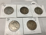 (5) 1916, 1916-D, 1916-S Walking Liberty Halves