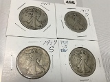 (4) 1917, 1917-S Walking Liberty Halves