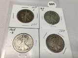 (4) 1917, 1917-S Walking Liberty Halves