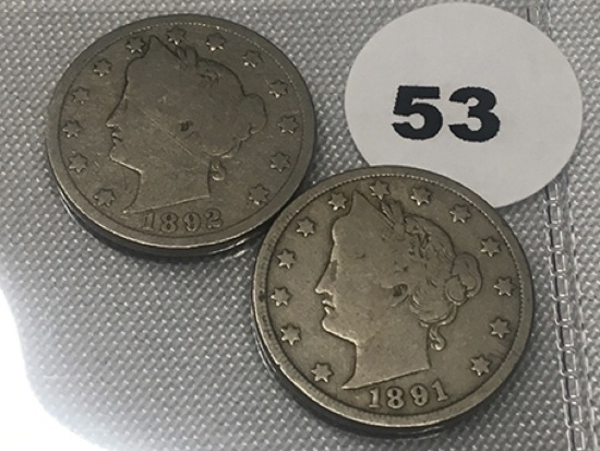 1891, 1892 Liberty Head Nickel