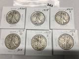 Lot of 6 1917-D, 1918, 1920, 1920-S, 1927-S, 1933 Walking Liberty Half