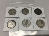 Lot of 6 Walking Liberty Half Dollars