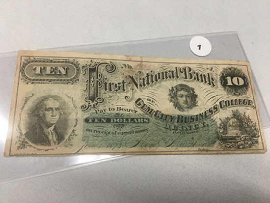 1873 First National Bank of Gem City Business College, Quincy IL $10 Note