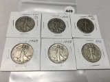 Lot of 6 Walking Liberty Half Dollars