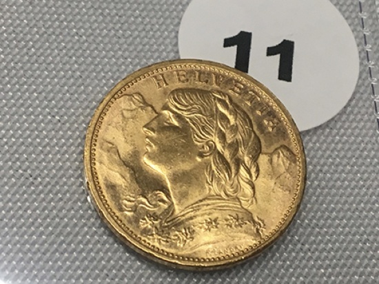 1915-B Switzerland 20 Franc Gold, Unc.