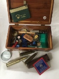 NO SHIPPING: Cedar Box with Misc. Advertising & Pins, Etc.