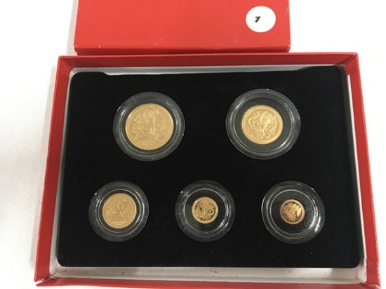 1986 Isle of Man Angel 5 Coin Gold Proof Set (TheOriginal Box is in Poor Condition, Coins are Good)