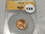 1955 Lincoln Cent, ANACS, MS-66 Red