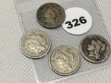 1865, 66, 67, 68 Three Cent Pieces