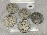 Lot of (5) (3) 1917, 18-S, 20 Walking Liberty Half Dollars