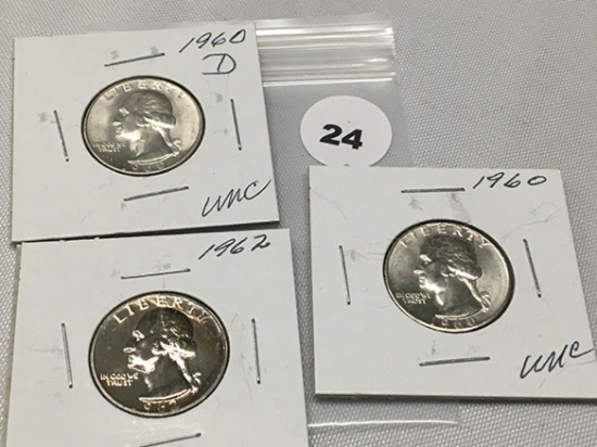 1960, 1960-D (Unc.), 1962 (Proof) Washington Quarter