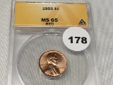 1955 Lincoln Cent, ANACS MS-65 Red