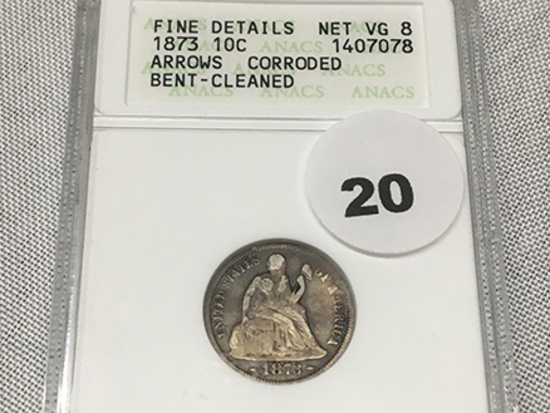 1873 Seated Dime ANACS Graded