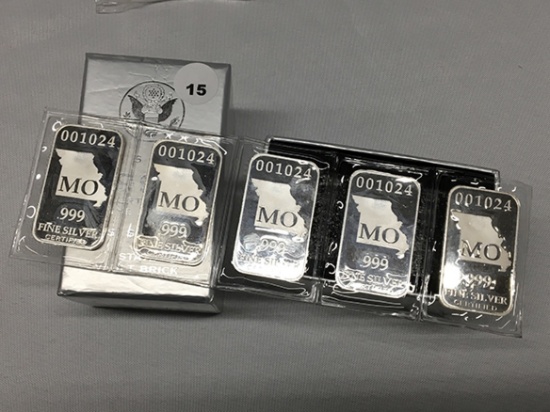 (5) .999 State Vault Brick (Missouri) Full Troy Oz Silver Bars