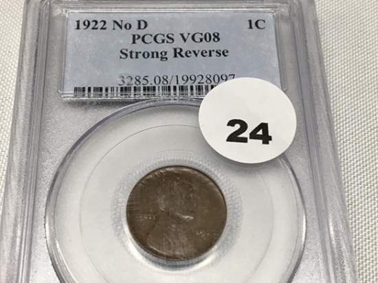 1922 No D Lincoln Cent, PCGS VG08-S.R.