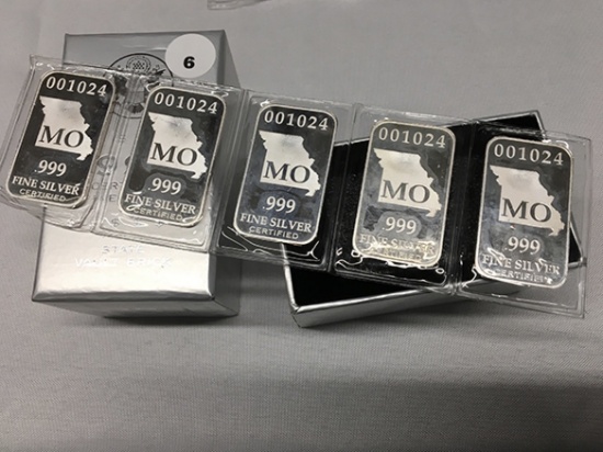 (5) .999 State Vault Brick (Missouri) Full Troy Oz Silver Bars