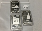 (3) US State Silver, Full Troy Oz Bars