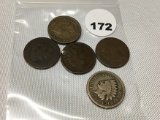 (5) 1859, 63, 64, 75, 80 Indian Cents