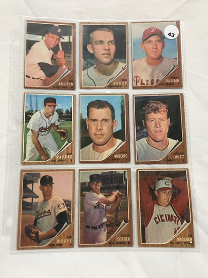 Lot of (9) 1962 Topps Cards #2, 287, 352, 27, 243, 419, 437, 75, 335