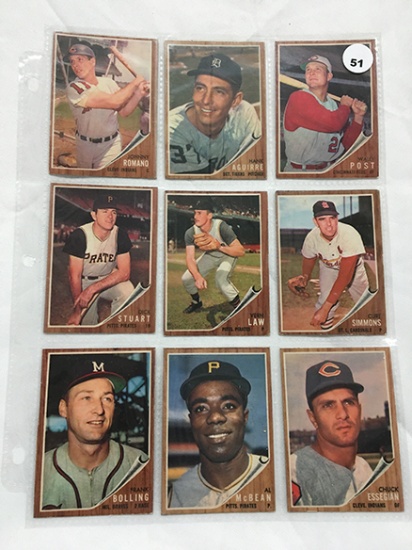 Lot of (9) 1962 Topps Cards #379, 285, 148, 424, 295, 407, 130, 160, 330