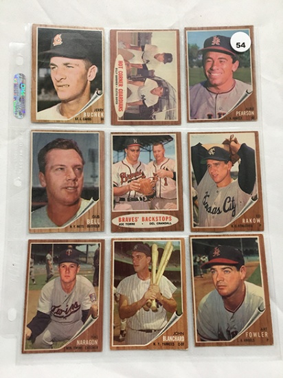 Lot of (9) 1962 Topps Cards #128, 342, 343, 93, 351, 163, 164, 408, 439