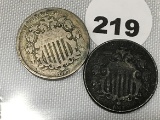 (2) 1867 Shield Nickels