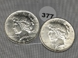 (2 X $) 1924, 1925 Peace Dollars, AU/UNC
