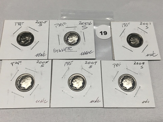 2001-S, 04-S, 05-S, 06-S, 07-S, 08-S Proof Roosevelt Dimes
