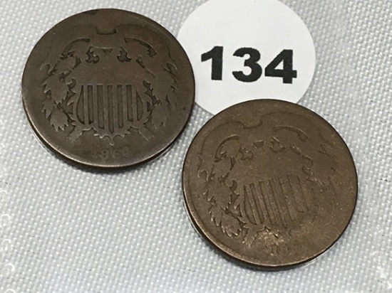 (2) 1864 2 Cent Piece