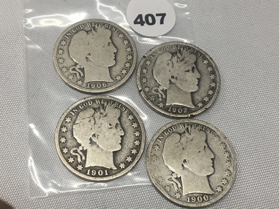 (4) 1900, 01, 02, 06-D Barber Half Dollars