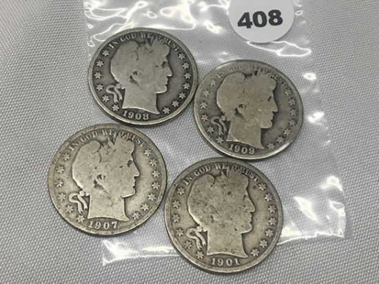 (4) 1901, 07-D, 08-O, 09 Barber Half Dollars