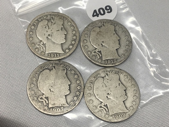 (4) 1907, 09-S, 11-S, 12-D Barber Half Dollars