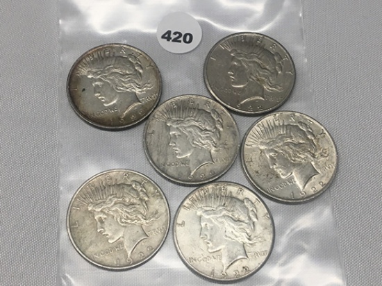 (6 X $) 1922 Peace Dollars, (2-S)