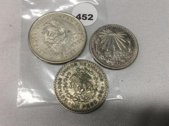 (3) 1951 Cinco Pesos, 1933, 1960 UN Peso