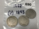 1888, (2) 1893 Liberty Head Nickels