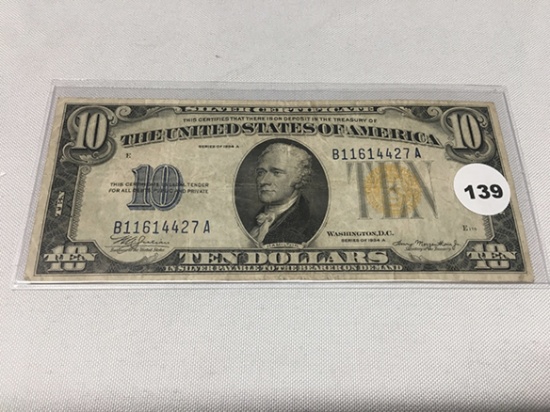 1934-A $10 North Africa Silver Certificate , WWII Emergency Issue, Fold Lines In Light, Lightly Circ