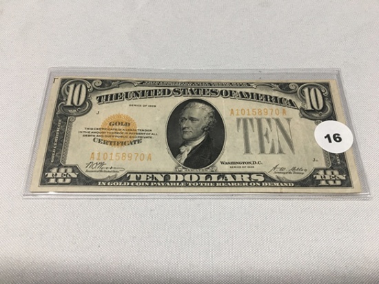 1928 $10 Gold Certificate, Visable Fold Lines In Light, Great Eye Appeal