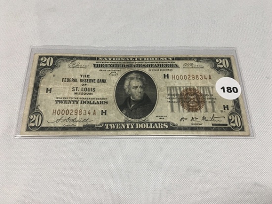 1929 St Louis $20 Federal Reserve Note, Fold Lines In Light, Good Eye Appeal