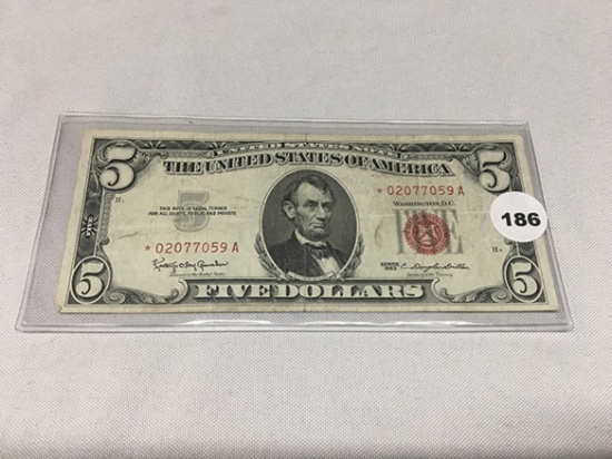 1963 (Star Note) $5 (Red) Bill, Fold Marks