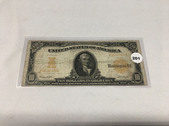 1907 Hillegas $10 Gold Certificate, Folds, Circulated