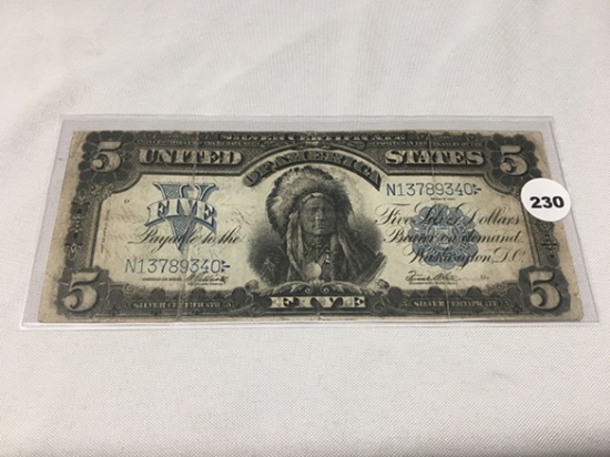 1899 Chief $5 Silver Certificate, Fold Lines, Circulated