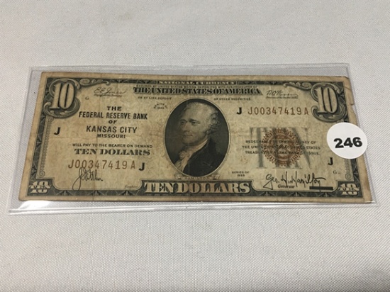 1929 Kansas City $10 Federal Reserve Note, Folds, Circulated