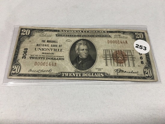 1929 Unionville, MO National Bank Note, Light Fold Lines, Good Eye Appeal