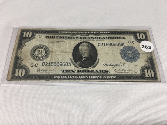 1914 $10 Federal Reserve Note, Fold Lines, Circulated