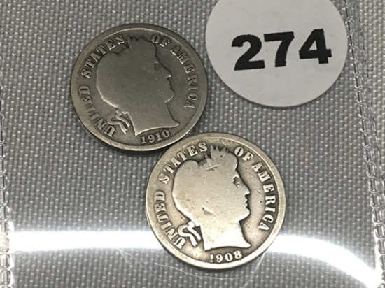 1908, 1910 Barber Dimes