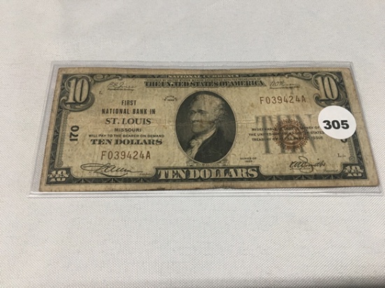 1929 St Louis $10 National Currency, Circulated, Fold